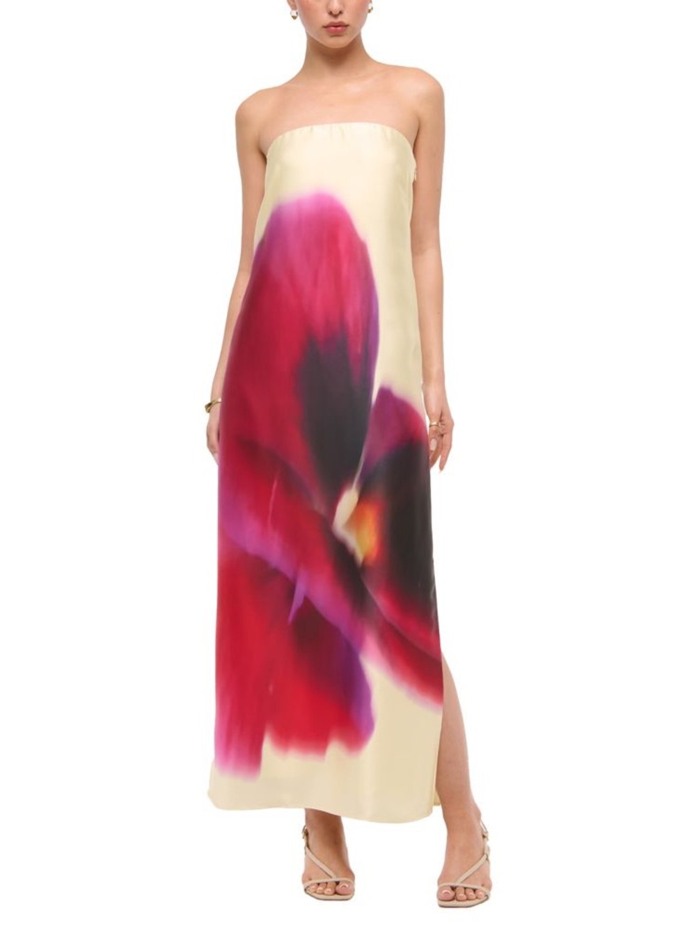 Abercrombie Julia Strapless Floral Print Maxi Dress in butter yellow and Magenta